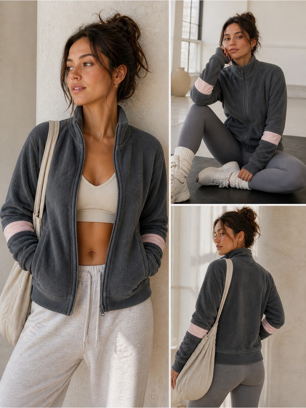 FP Movement by Free People Charcoal Teddy Jacket with Pink Sleeve Stripes